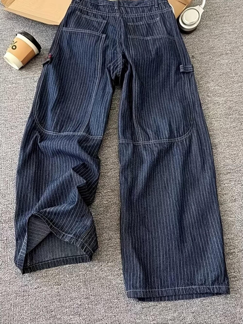 Washed Distressed Multi-pocket Striped Work Jeans, Stylish Design, Wide-leg - Picture 5 of 5